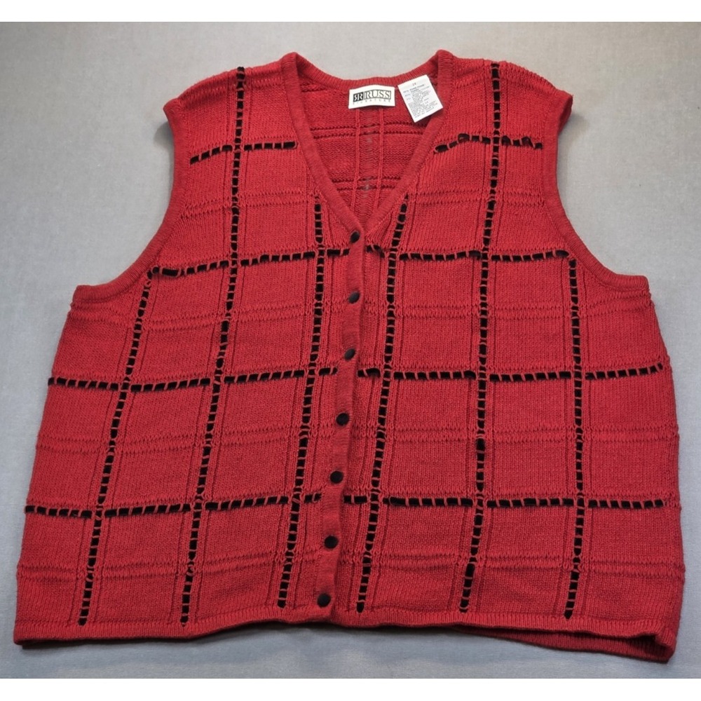 Vintage Knit Sweater‎ Vest 2X Red Grid Button Front Russ Signature